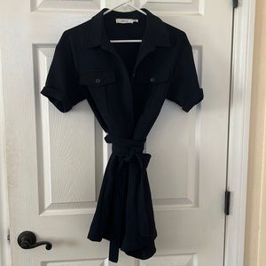 Greylin utility romper with collar and tie in front